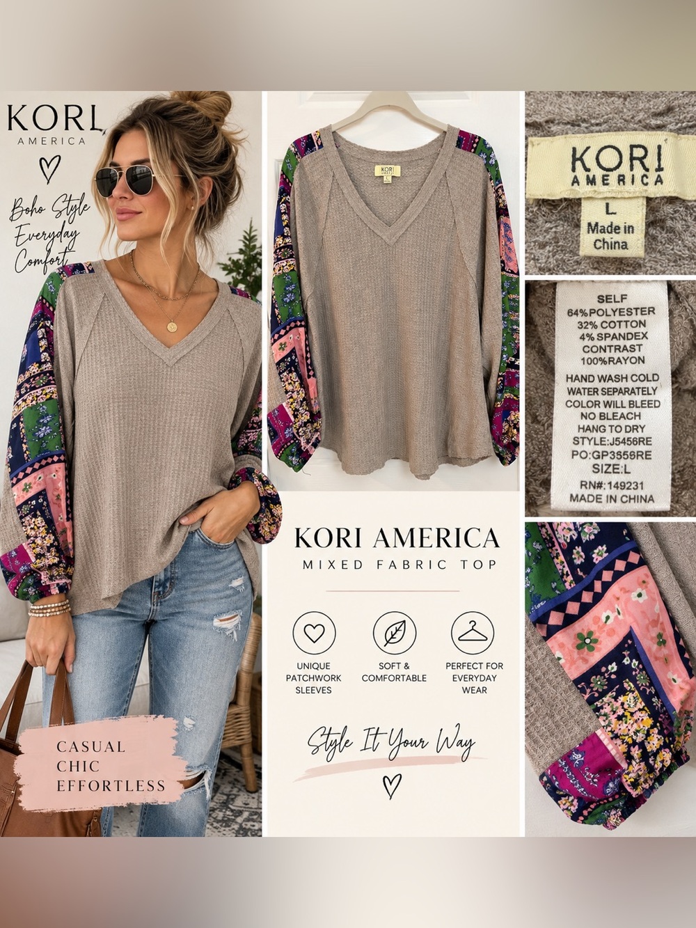 Kori America Women’s Large Gray Waffle Knit Top Patchwork Floral Sleeves Boho